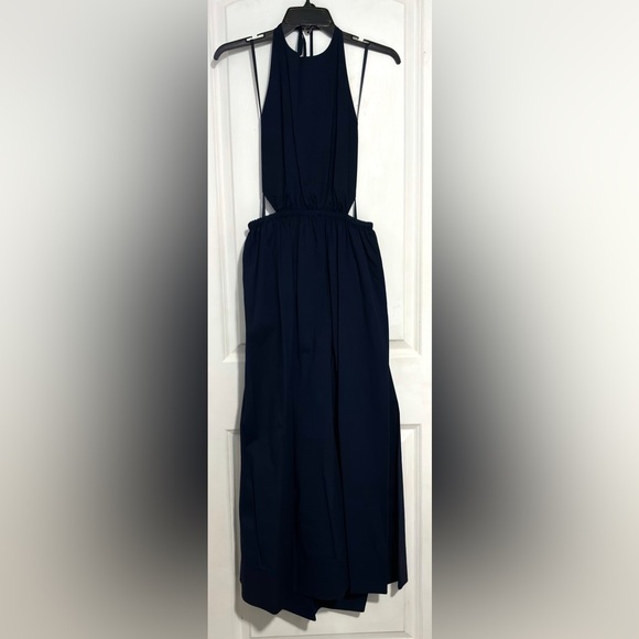STAUD Vanessa halterneck cotton blend poplin dress pocket tie back midi navy xl - Picture 4 of 14